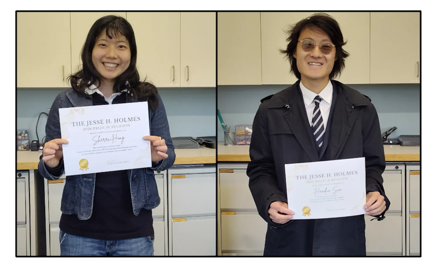 Sherri and Handuo holding the award certificates