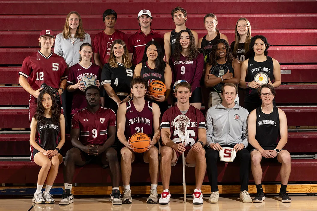 Swarthmore student-athletes sit on Garnet bleacher seats