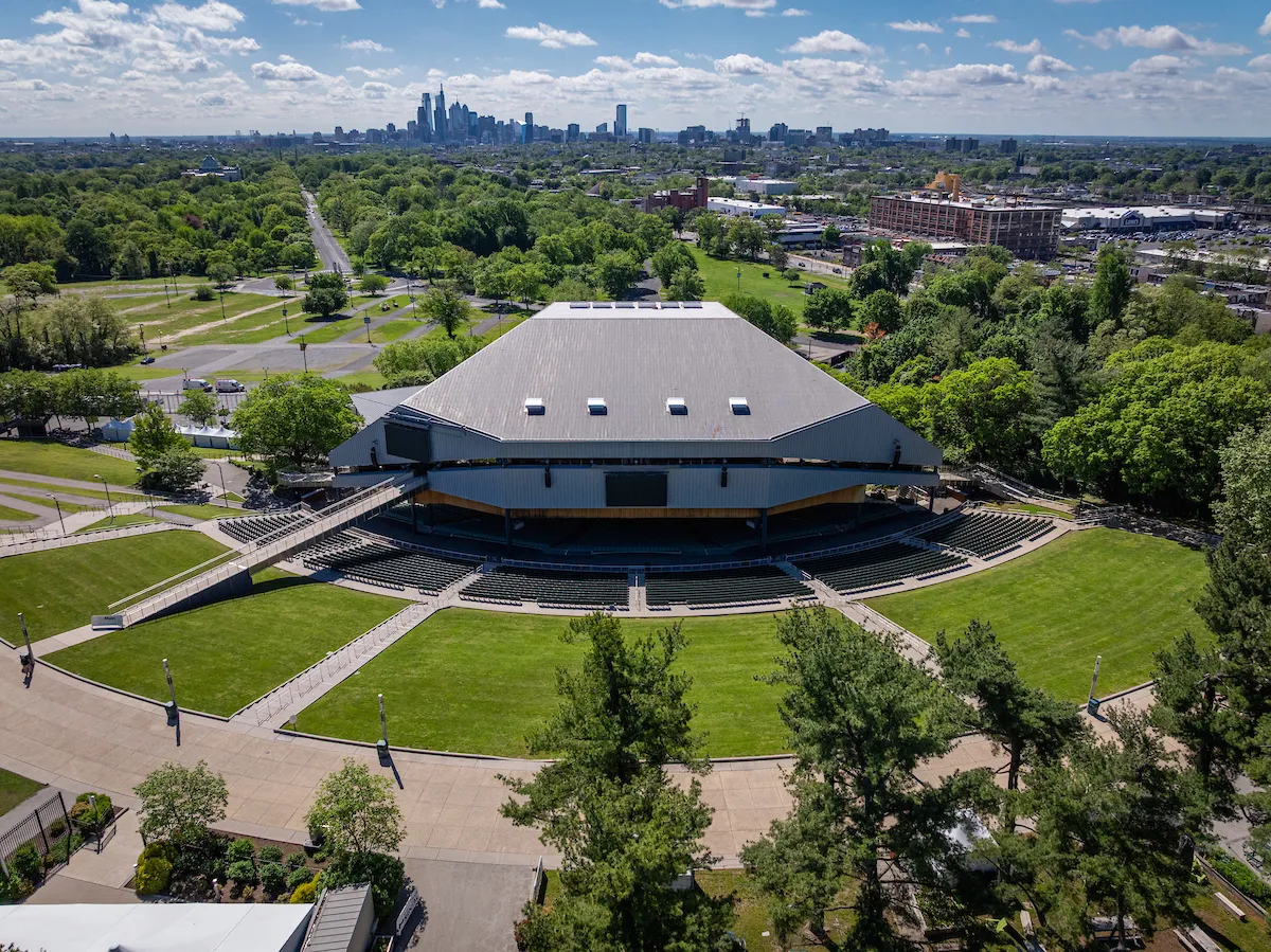 Overhead drone footage of Mann Center