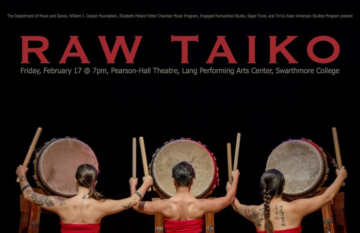 Flyer for RAW taiko performance featuring three drummers