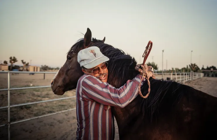 Person holds horse with rope