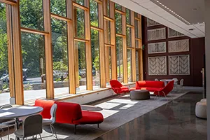 Interior of Martin hall with red couches near window