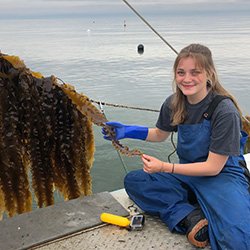 Meagan Currie '20 sorts through kelp on a boat