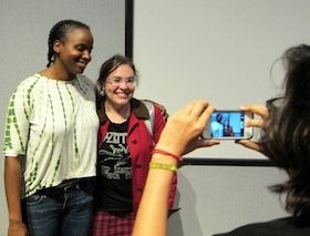 Writer/Director Dee Rees meets with students.