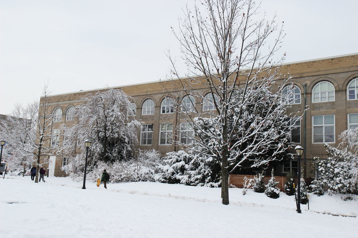 Beardsley Hall exterior. Exterior in winter.