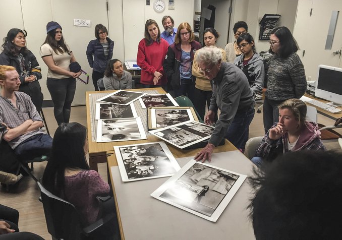 Visiting Artist Harvey Finkle Photography speaks with photo students on campus. Old Tarble.