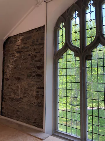 Newly prepped install mural space inside the Connie Hungerford Art Studio, Old Tarble.