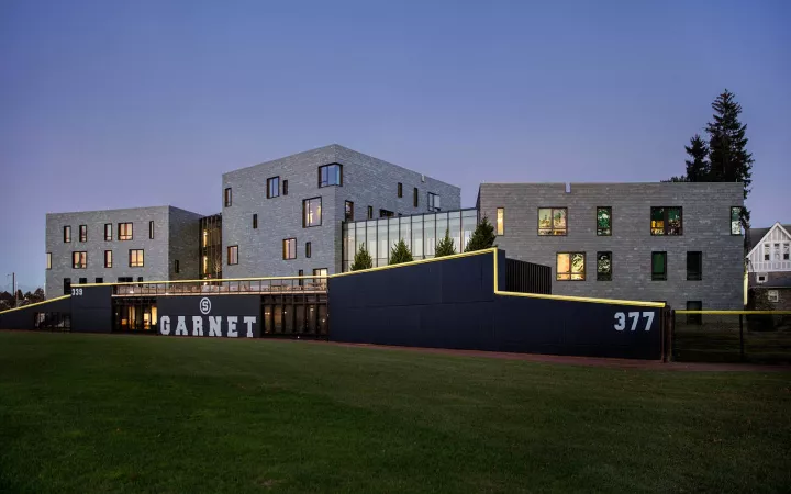 Left field in foreground, PPR Apartments behind outfield wall