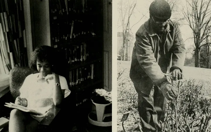 student reading; man pruning a bush