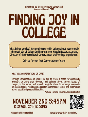 Conversations of CARE around finding joy in college poster