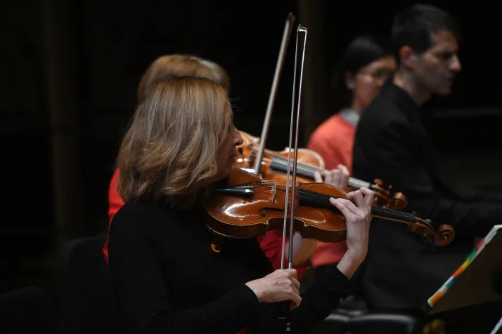 Person on stage plays violin or viola