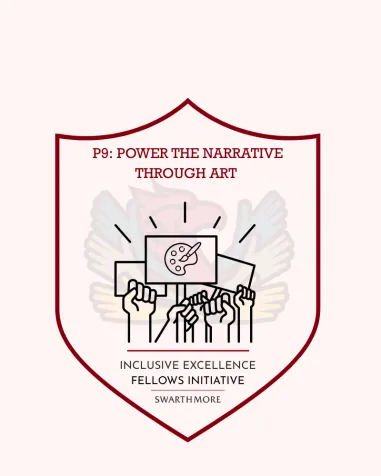 Shield shaped logo for "P9: Power the Narrative Through Art."