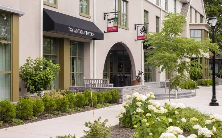 Exterior shot of the Inn at Swarthmore and the College Bookstore