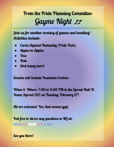 Pride Committee Gayme night flyer