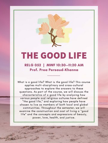 RELG 052. The Good Life spring '22 course poster