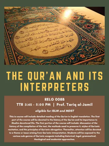 RELG 008B. The Qur'an and Its Interpreters course poster Fall 2020