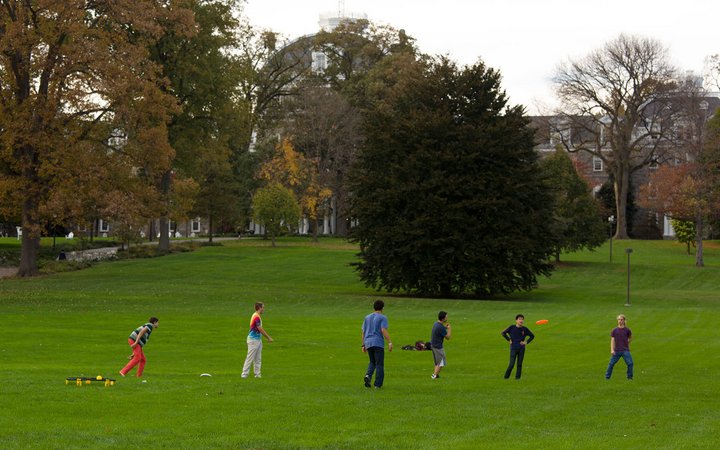 students playing ultimate frisbee on green lawn