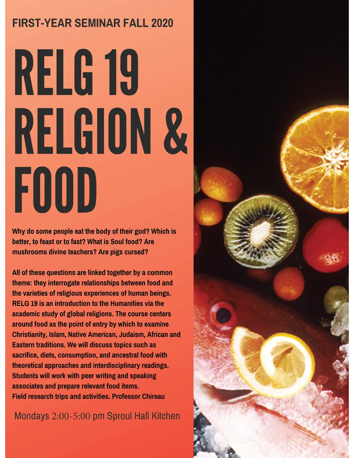 RELG 019. FYS: Religion & Food course poster fall 2020