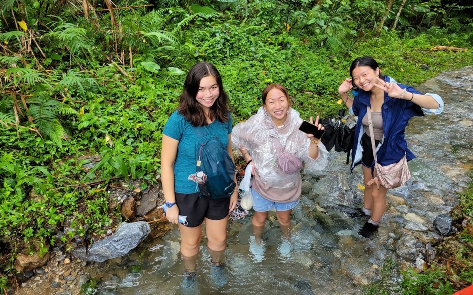 Three students standing ankle-deep in the middle of a stream with lush forest in background