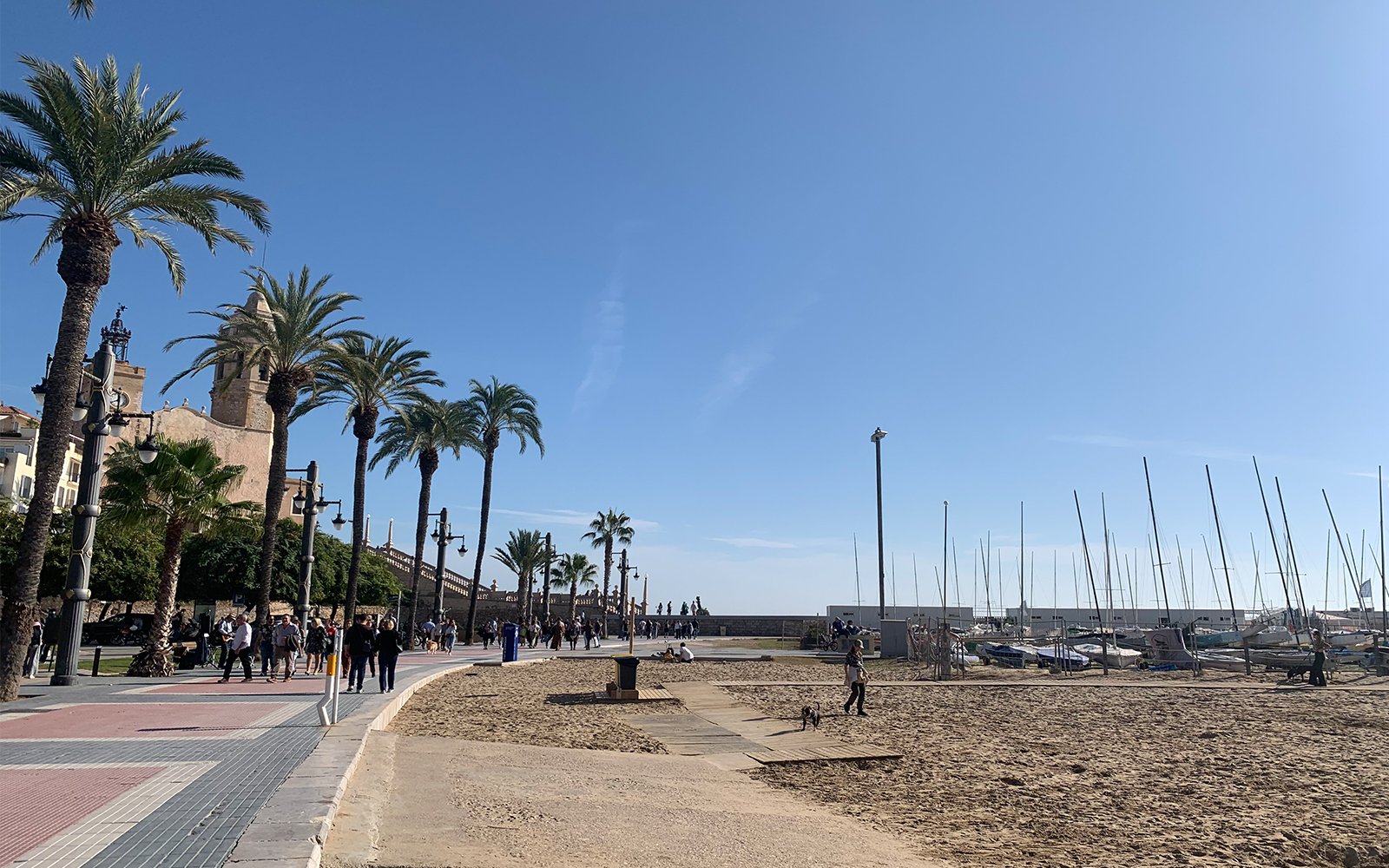People walking down path with palm trees and buildings on left and sand and boats on right
