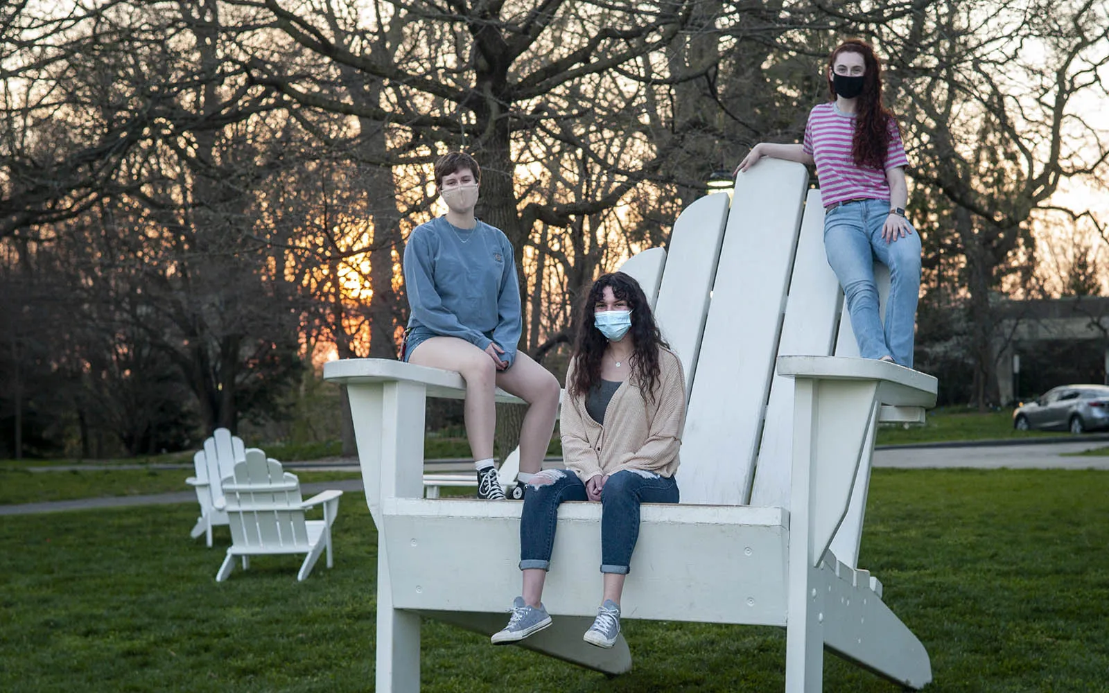 students on big chair