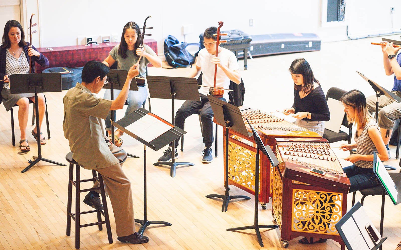 Students practicing musical instruments 