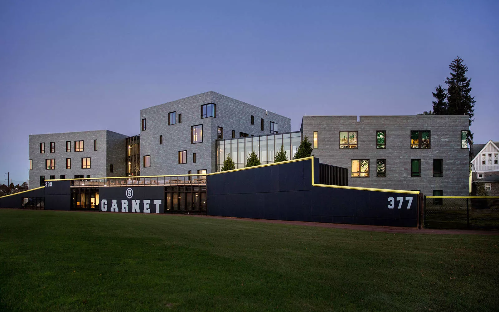 Left field in foreground, PPR Apartments behind outfield wall
