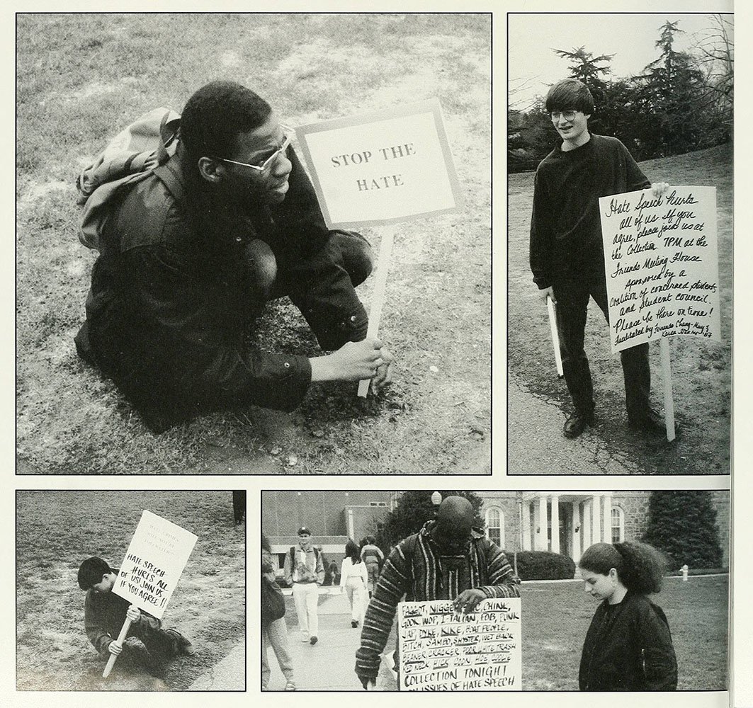 collage of students outside holding signs