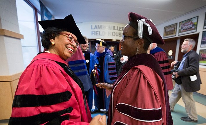 President Valerie Smith talks with Ruth Simmons, former president of Brown University and Smith College