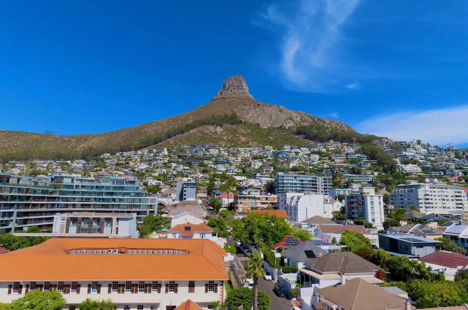 View of part of the city of Cape Town with a mountain in the background. The sky is bright blue above