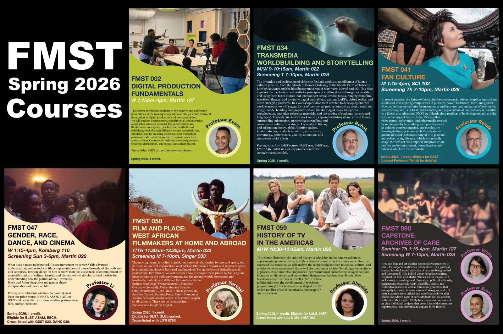 Course flyers for FMST 002, FMST 034, FMST 041, FMST 047, FMST 058, FMST 059, and FMST 090 along with the text FMST Spring 2026 Courses in white letters against a black background