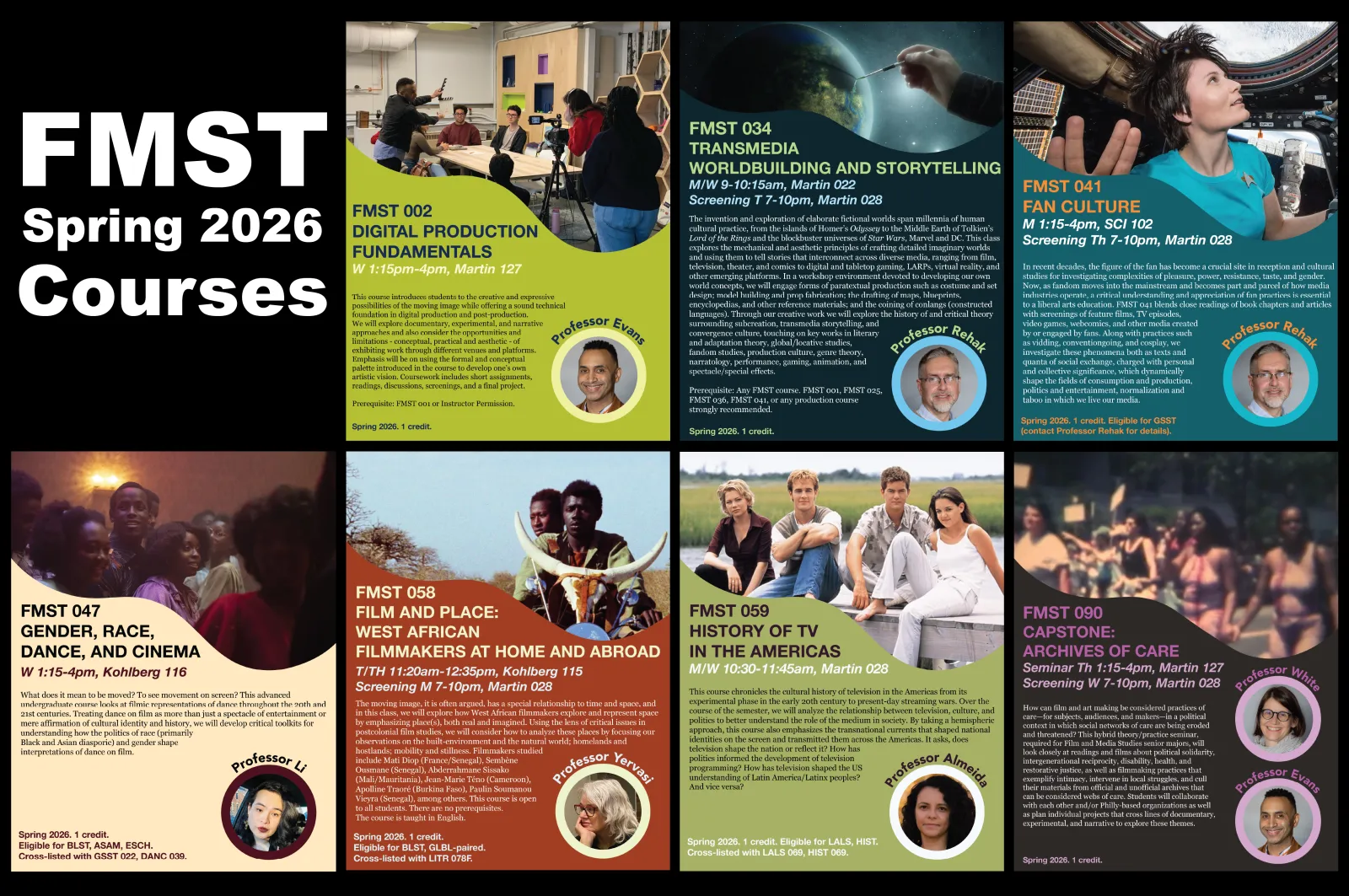 Course flyers for FMST 002, FMST 034, FMST 041, FMST 047, FMST 058, FMST 059, and FMST 090 along with the text FMST Spring 2026 Courses in white letters against a black background