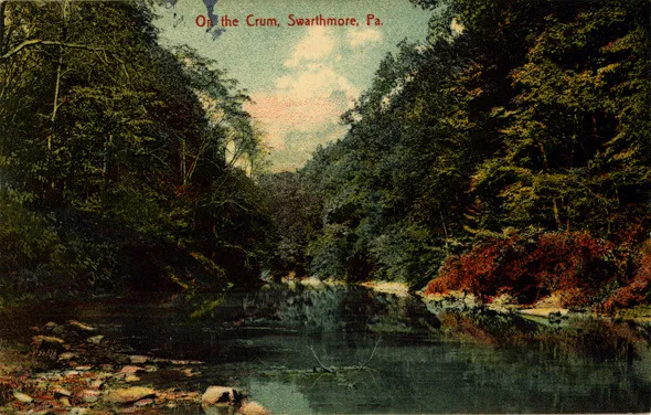 Colored postcard of Crum Creek in Swarthmore in about 1920