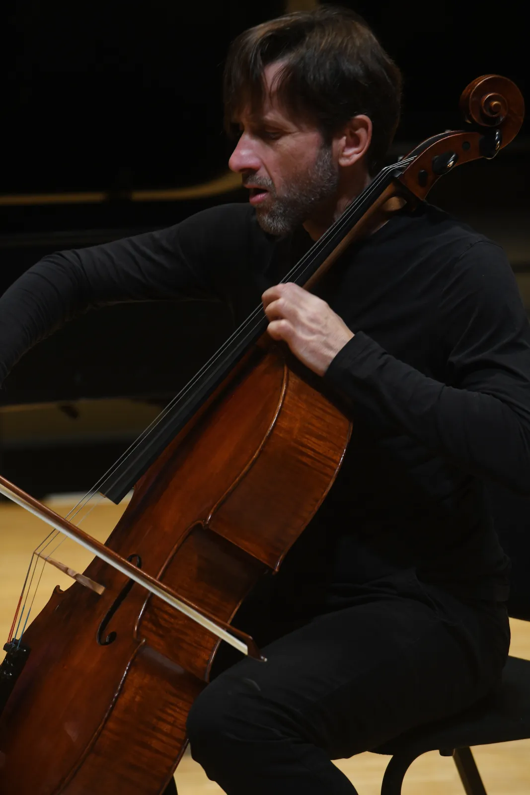 Close-up of person playing cello on stage