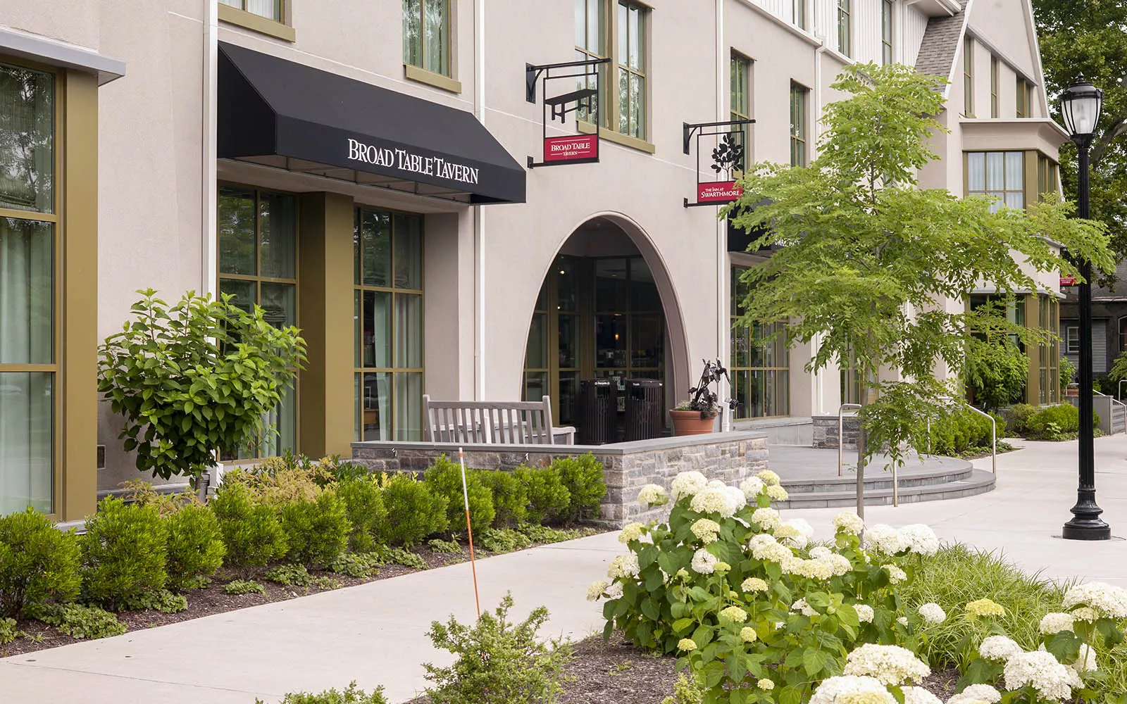 Exterior shot of the Inn at Swarthmore and the College Bookstore