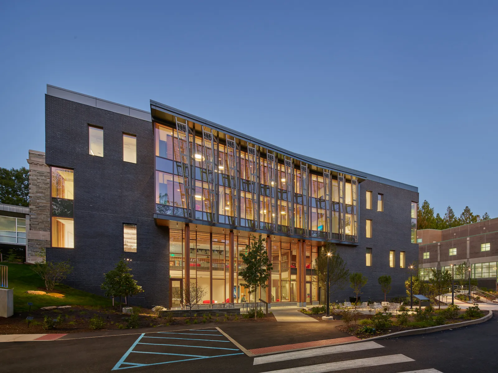 the outside of Martin Hall at dusk
