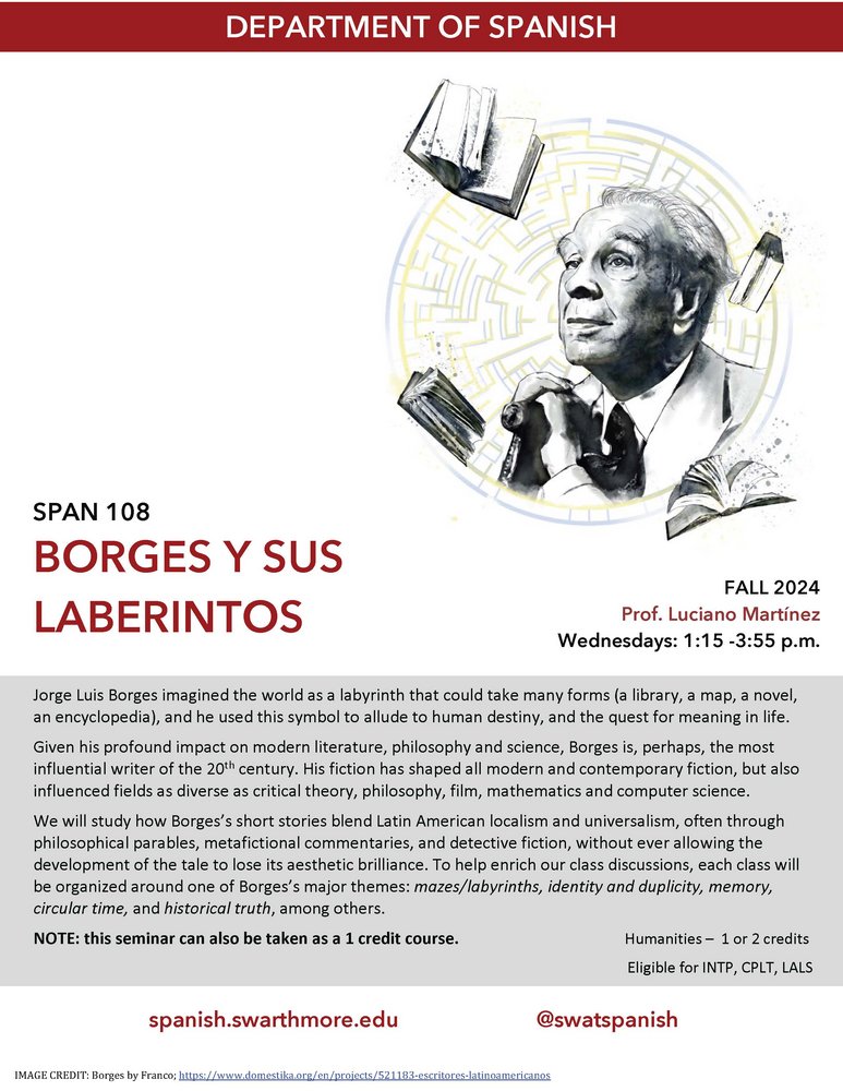 Course flyer for SPAN 108 containing image of Jorge Borges and course description