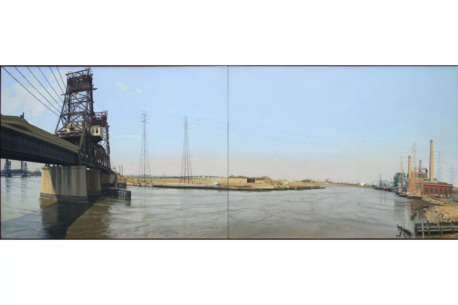Painting of Hackensack river with large ship in water