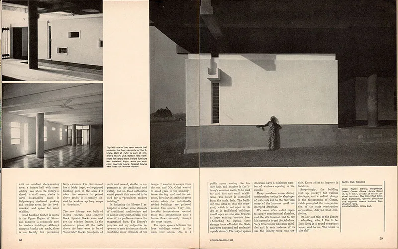 A two-page spread from the March 1968 article “A Library for Bolgatanga,” in Architectural Forum.