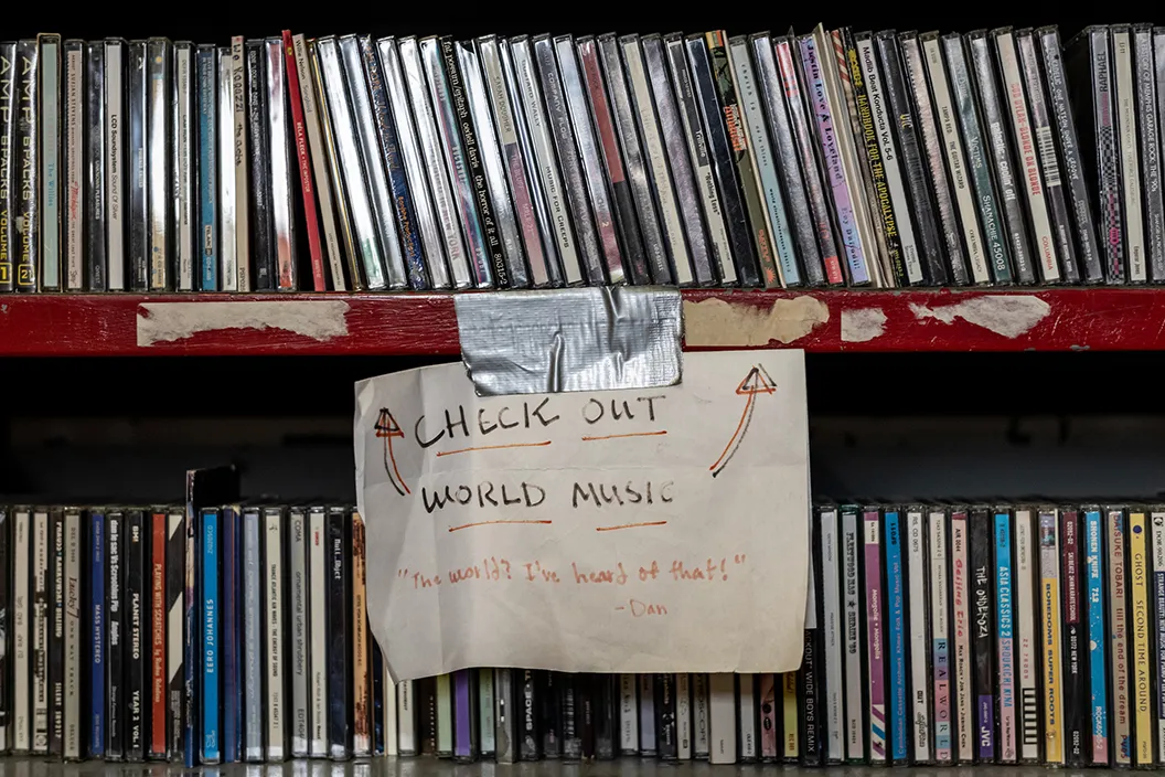 Stacks of CDs in WSRN studio