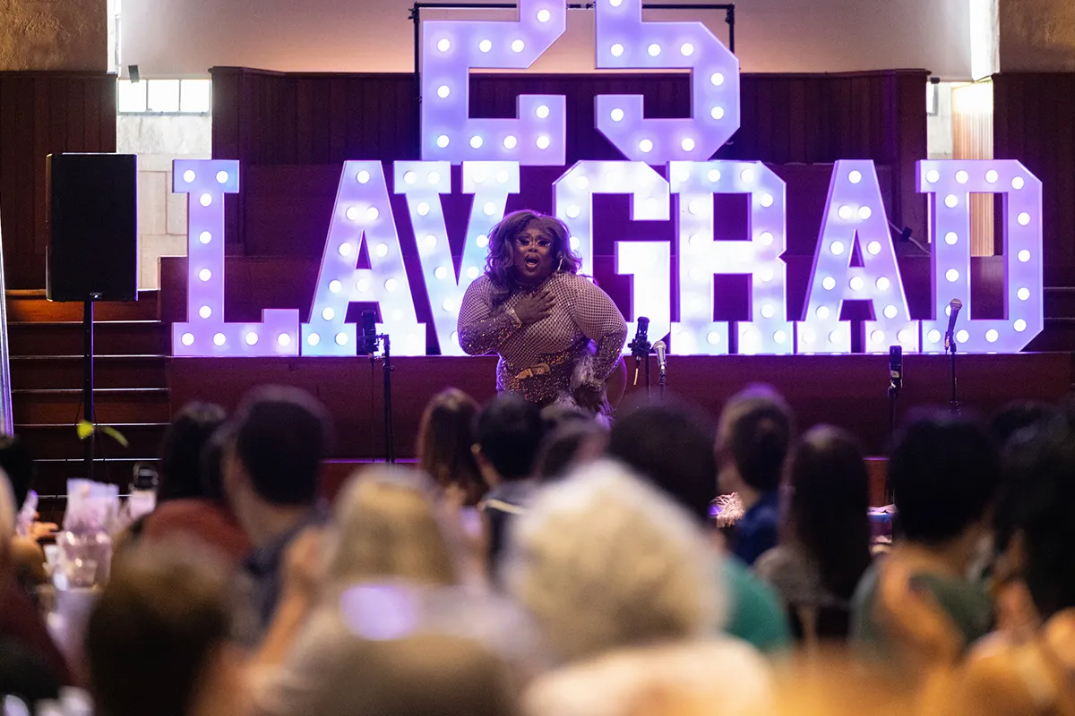 Drag performer at Lavender Graduation ceremony