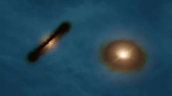 This artist’s impression shows a striking pair of wildly misaligned planet-forming gas discs around both the young stars in the binary system HK Tauri. ALMA observations of this system have provided the clearest picture ever of protoplanetary discs in a double star. The new result demonstrates one possible way to explain why so many exoplanets — unlike the planets in the Solar System — came to have strange, eccentric, or inclined orbits. 