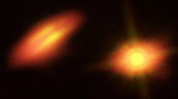 This image of the binary system HK Tauri combines visible light and infrared data from the NASA/ESA Hubble Space Telescope with new data from ALMA. The ALMA observations of this system have provided the clearest picture ever of protoplanetary discs in a double star. 