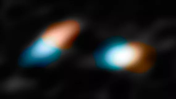This picture shows the key velocity data taken with ALMA that helped the astronomers determine that the discs in HK Tauri were misaligned. The red areas represent material moving away from Earth and the blue indicates material moving toward us. 