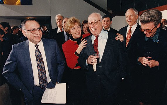 Eugene Lang '38 with (from left) President Al Bloom, Nancy Austrian, Jim Hormel '55, and Provost Jennie Keith (right) in 1996.