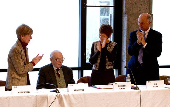 Jane Lang '67, Eugene Lang '38, President Rebecca Chopp, and Board Chair Gil Kemp '72.