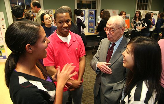 Eugene Lang '38 talking with students