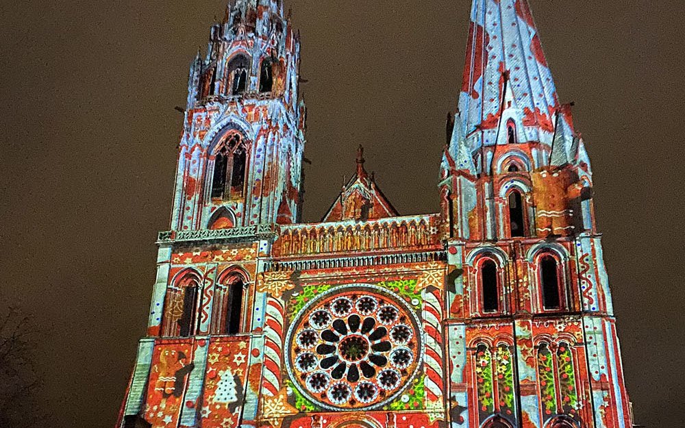 part of a colorfully lit cathedral 