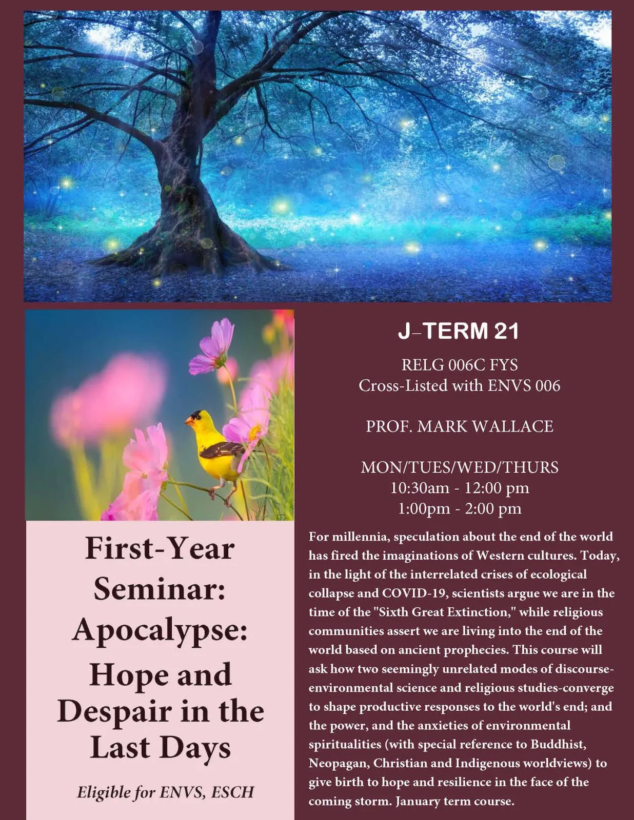RELG 006C: FYS: Apocalypse: Hope & Despair in the Last Days course poster January Term 2021