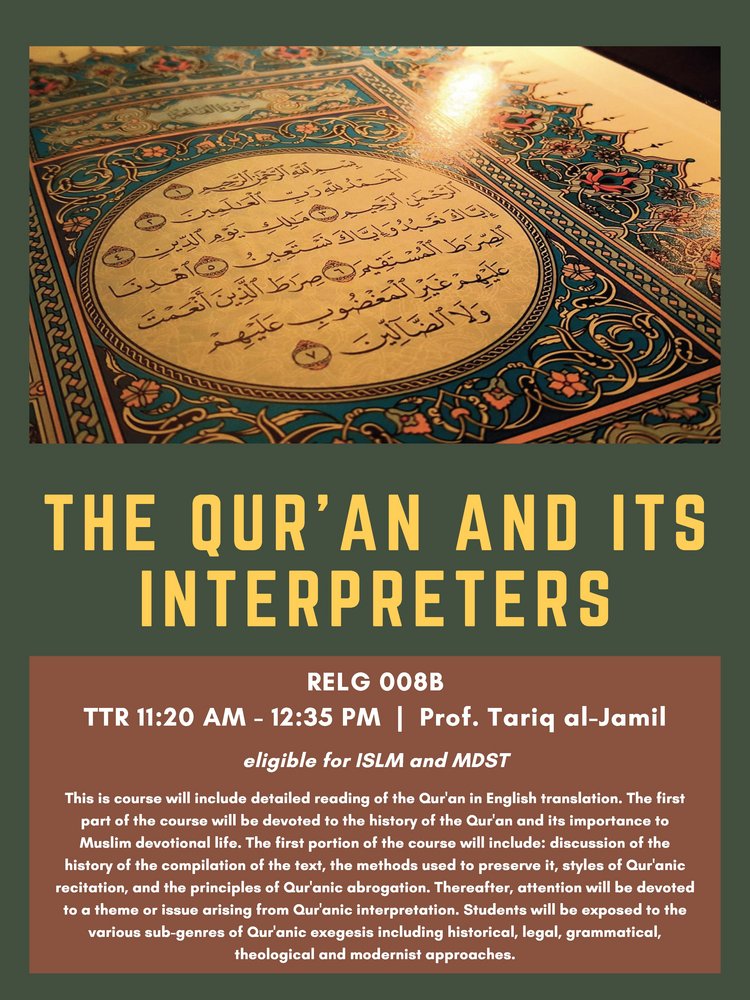 RELG 008B. The Qur'an and Its Interpreters spring '22 poster